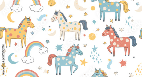 Whimsical seamless pattern for children with colorful spotted horses rainbows clouds stars and moons in a magical sky.