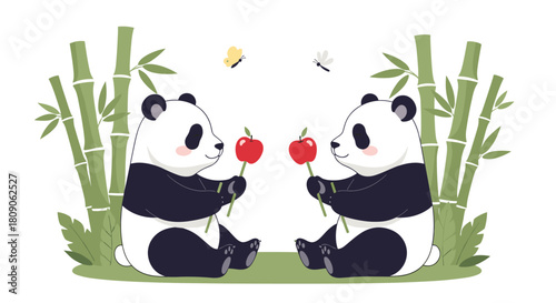 Two adorable panda bears are sitting in a bamboo forest sharing red apples with butterflies and dragonflies flying around them.