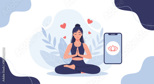 Woman meditating in a lotus pose using a wellness app on her smartphone for guided practice on an abstract background.