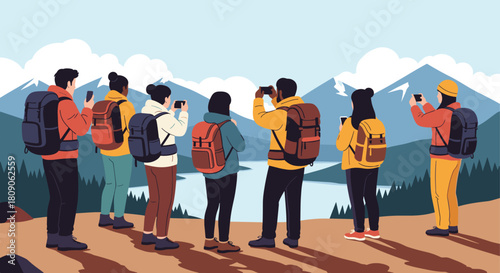Diverse group of tourists with backpacks stand on a viewpoint taking photos of a beautiful mountain and lake landscape.