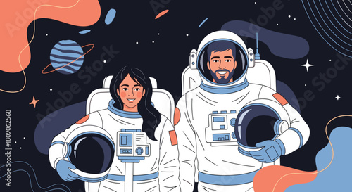 Happy male and female astronauts in spacesuits hold their helmets while floating in outer space with planets and stars.