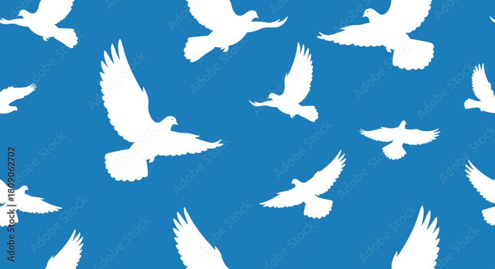 Fototapeta premium Seamless pattern with white silhouettes of flying doves against a solid blue sky symbolizing peace freedom and hope.