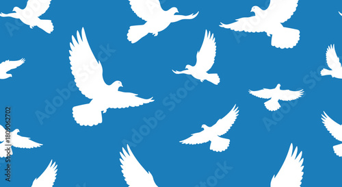 Seamless pattern with white silhouettes of flying doves against a solid blue sky symbolizing peace freedom and hope.