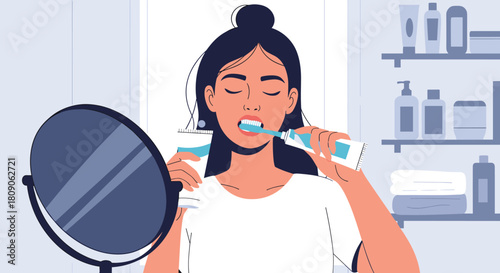 Young woman brushing her teeth in the bathroom as part of her daily morning routine for dental hygiene and self-care.