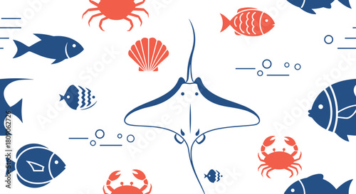 Seamless pattern background with various stylized sea creatures including a stingray fish crabs and shells in red and blue.