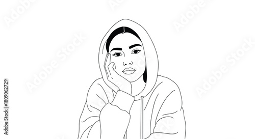 Minimalist black and white line art portrait of a thoughtful young woman wearing a hoodie resting her head on her hand.