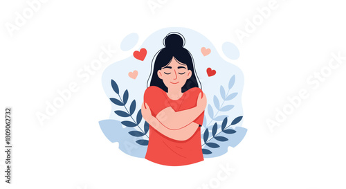 Happy young woman hugging herself with hearts floating around her expressing self-love and care on a white background.