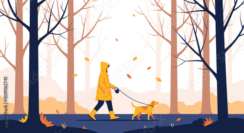 Person in a yellow raincoat walking a dog on a leash through a tranquil autumn forest with falling leaves and bare trees.