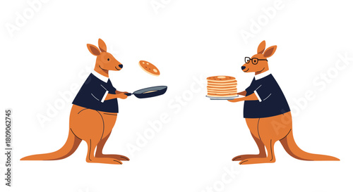 Whimsical illustration of two cartoon kangaroos making breakfast with one flipping a pancake and the other holding a tall stack.