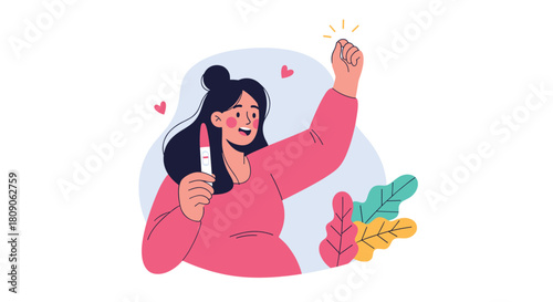 Joyful woman celebrating with a raised fist while holding a positive pregnancy test result surrounded by hearts and leaves.