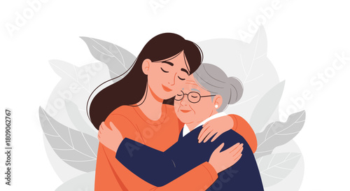 Young woman lovingly embracing an elderly woman or grandmother with care and affection against a leafy background.