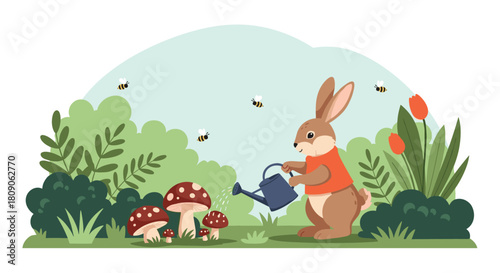 Adorable cartoon rabbit wearing a vest and watering red mushrooms in a lush green garden with bees flying around.