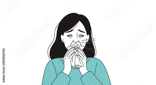 Illustration of a sick woman with closed eyes sneezing or blowing her nose into a tissue due to a cold flu or allergy.