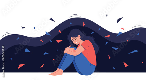 Sad and depressed woman sitting huddled on the floor under a dark abstract wave symbolizing anxiety and mental turmoil.