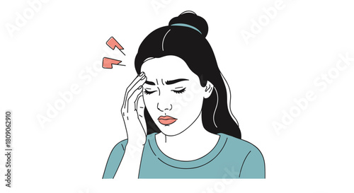 Illustration of a stressed young woman with a painful headache or migraine touching her temple with a pained expression.