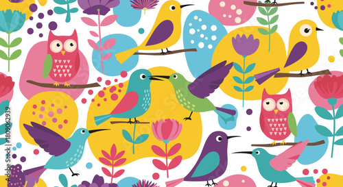 Bright and colorful seamless pattern with various cute cartoon birds owls and flowers on a white background.