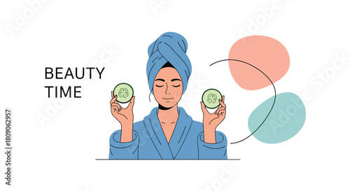 Relaxed woman in a bathrobe with a towel on her head holding cucumber slices for a spa beauty treatment.