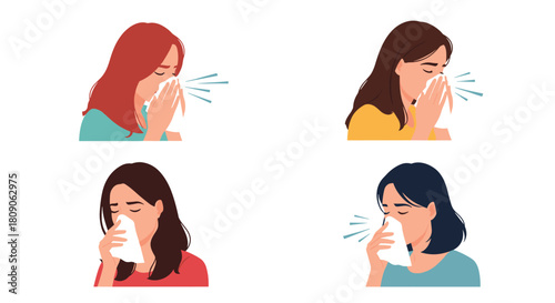 Set of four illustrations showing diverse young women sneezing or blowing their noses into tissues due to sickness.