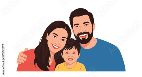 Cheerful portrait of a happy young family with a mother father and son smiling and hugging each other lovingly.