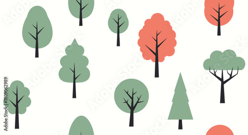 Simple and modern seamless pattern of stylized trees in green and orange tones perfect for a nature-themed background.