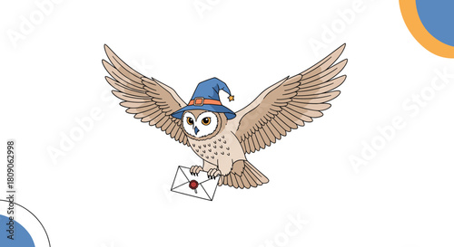 Cartoon drawing of a wise owl wearing a blue wizard hat and delivering a sealed letter against a simple background.