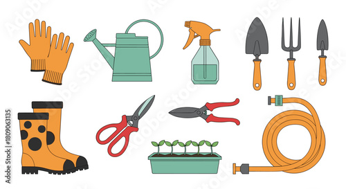 Large colorful set of essential gardening tools including gloves a watering can shears boots and various hand tools.