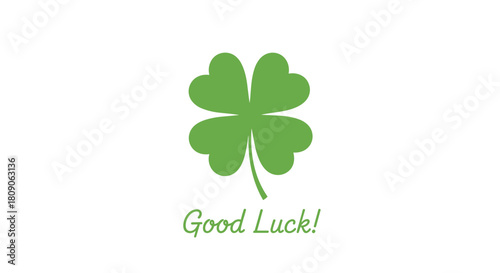 Simple green four-leaf clover illustration with the cursive text Good Luck for St Patricks Day or wishing well.