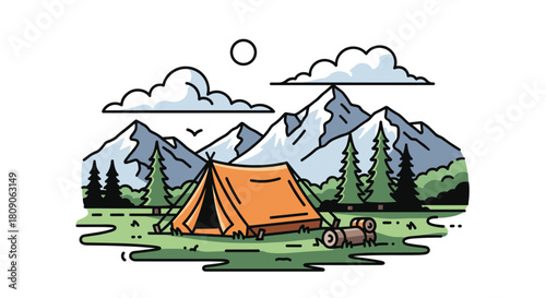 Scenic line art illustration of a campsite with an orange tent in a mountain valley with pine trees and clouds.