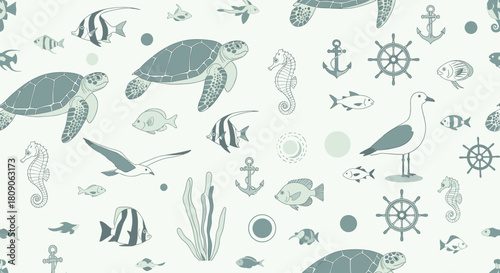 Vintage-style seamless nautical pattern with sea turtles fish seagulls seahorses and anchors on a light background.