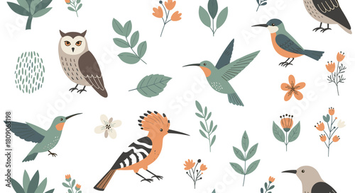 Beautiful seamless pattern with various birds like owls hummingbirds and hoopoes among leaves and flowers.