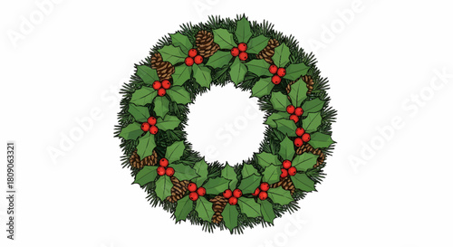 A traditional Christmas wreath with holly leaves, red berries, and pine cones. Festive holiday decoration illustration isolated on a white background