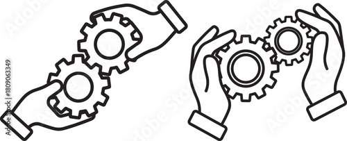 Hands connecting gears in a collaborative teamwork concept silhouette