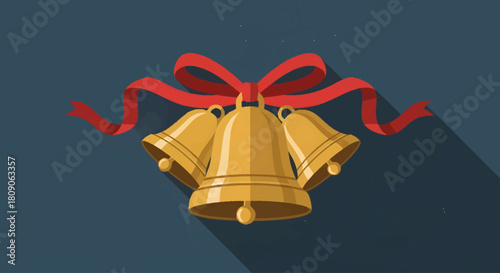 Festive Golden Bells Tied With A Red Ribbon, Symbolizing Celebration and Merriment