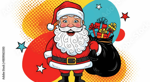 Festive illustration of Santa Claus with a sack full of gifts, set against a colorful comic book-style background with stars and abstract shapes