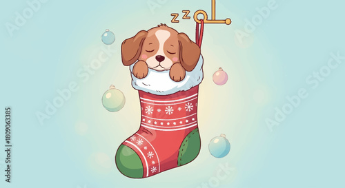 A delightful and heartwarming scene of a cute puppy peacefully sleeping inside a festive Christmas stocking illustration