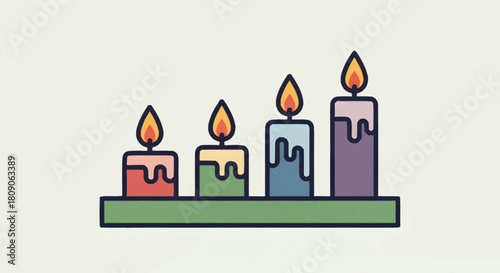 A simple vector icon of four colorful lit candles in ascending order on a stand, representing the holiday season, celebration, and spiritual tradition