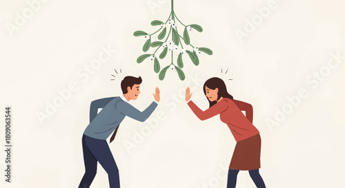 A couple stands under mistletoe, looking to kiss, during Christmas