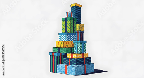 A vibrant and abundant stack of beautifully wrapped gift boxes, symbolizing celebration, joy, and the spirit of giving for special occasions and festive events