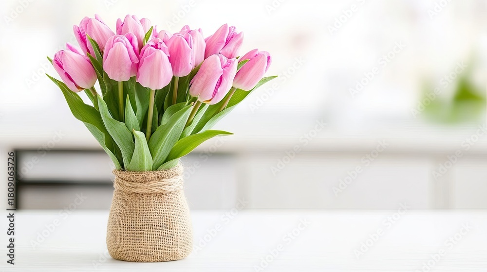 Fototapeta premium A lovely arrangement of pink tulips in a jute-wrapped vase sits on a white table. This minimalist decor enhances the ambiance of a contemporary kitchen, creating a fresh spring feel