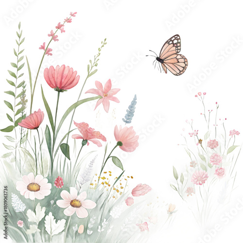 Delicate watercolor wildflowers and butterfly against a dark background