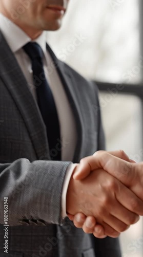Business handshake in modern office space during daytime