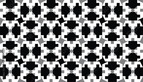 A seamless geometric pattern featuring bold black abstract shapes arranged in a repetitive grid on a white background