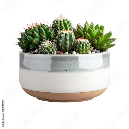  collection Set of different mixed cactus and succulents types of small mini plant in modern ceramic nordic vase pot as furniture cutouts isolated on transparent png background 