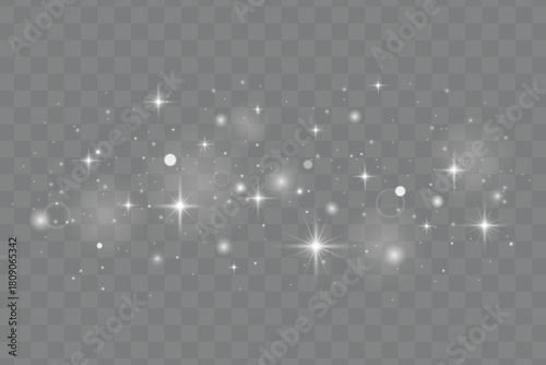 Glowing light effect with white sparkles, glitter particles and shiny stars for Christmas and New Year designs. Magical silver light sparkles, bokeh and glittering dust
