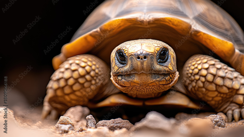 Naklejka premium Desert tortoise exploring its rocky habitat during daylight.copy space