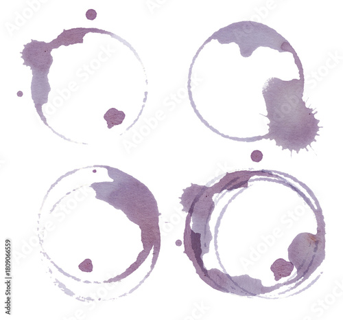 Wine stains and glass ring marks on white background. Real red vine glass stains set. Glass stamps. Artistic grape juice spill texture for food and drink design