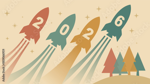 vintage style illustration of four rockets displaying the year 2026 blasting off with colorful trails above trees