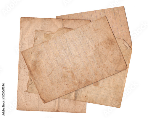 Stack of Aged and Antique Paper Sheets. Historical Notebook Papers. Vintage Lined and Blank Pages Pile Isolated on White Background