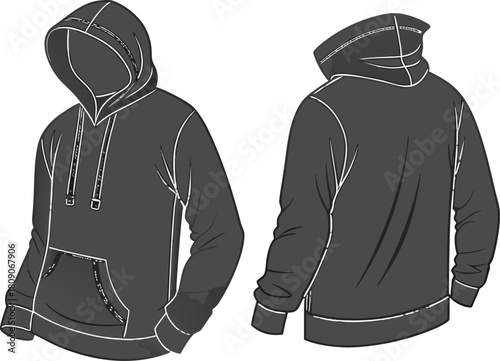 Black pullover hoodie apparel mockup displaying front and back sides, transparent background.