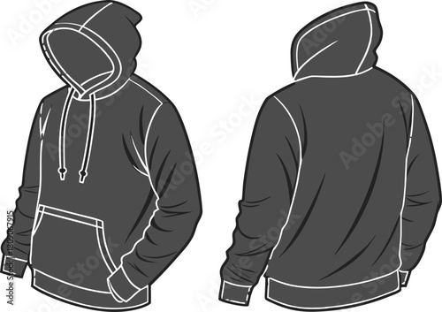 Blank black pullover hoodie mockup shown in front and back view, isolated on transparent background.